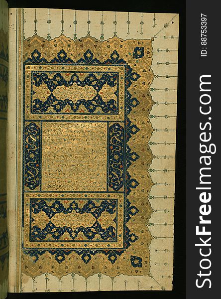 An illuminated and illustrated copy of the collected works of Sa`di &#x28;d.691/1292&#x29; &#x28;KullÄ«yÄt-i SaÊ¿dÄ«&#x29; containing, among others, his GulistÄn and BustÄn. The present manuscript was penned by an anonymous calligrapher in Shiraz &#x28;Iran&#x29; in 934 AH / 1527 CE. This is the first of two richly decorated pages with verses in honor of SaÊ¿dÄ« inscribed in the upper and lower panels. See this manuscript page by page at the Walters Art Museum website: art.thewalters.org/viewwoa.aspx?id=22469. An illuminated and illustrated copy of the collected works of Sa`di &#x28;d.691/1292&#x29; &#x28;KullÄ«yÄt-i SaÊ¿dÄ«&#x29; containing, among others, his GulistÄn and BustÄn. The present manuscript was penned by an anonymous calligrapher in Shiraz &#x28;Iran&#x29; in 934 AH / 1527 CE. This is the first of two richly decorated pages with verses in honor of SaÊ¿dÄ« inscribed in the upper and lower panels. See this manuscript page by page at the Walters Art Museum website: art.thewalters.org/viewwoa.aspx?id=22469