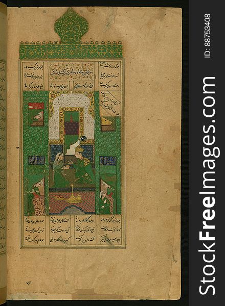 An elegantly illuminated and illustrated copy of the Khamsah &#x28;quintet&#x29; of Niẓāmī Ganjavī &#x28;d.605 AH / 1209 CE&#x29; executed by Yār Muḥammad al-Haravī in 922 AH / 1516 CE. Written in four columns in black nastaʿlīq script, this manuscripts opens with a double-page decorative composition signed by ʿAbd al-Wahhāb ibn ʿAbd al-Fattāḥ ibn ʿAlī, of which this is one side. It contains 35 miniatures. The folio represents Bahrām Gūr in the green pavilion. See this manuscript page by page at the Walters Art Museum website: art.thewalters.org/viewwoa.aspx?id=21272. An elegantly illuminated and illustrated copy of the Khamsah &#x28;quintet&#x29; of Niẓāmī Ganjavī &#x28;d.605 AH / 1209 CE&#x29; executed by Yār Muḥammad al-Haravī in 922 AH / 1516 CE. Written in four columns in black nastaʿlīq script, this manuscripts opens with a double-page decorative composition signed by ʿAbd al-Wahhāb ibn ʿAbd al-Fattāḥ ibn ʿAlī, of which this is one side. It contains 35 miniatures. The folio represents Bahrām Gūr in the green pavilion. See this manuscript page by page at the Walters Art Museum website: art.thewalters.org/viewwoa.aspx?id=21272