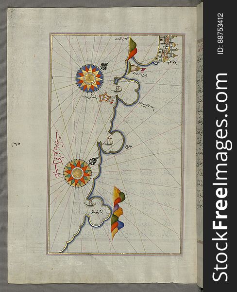 Illuminated Manuscript, Map Of The Coast From Medulin As Far As Pula &x28;Croatia&x29; From Book On Navigation, Walters Art Muse