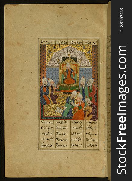 An elegantly illuminated and illustrated copy of the Khamsah &#x28;quintet&#x29; of Niẓāmī Ganjavī &#x28;d.605 AH / 1209 CE&#x29; executed by Yār Muḥammad al-Haravī in 922 AH / 1516 CE. Written in four columns in black nastaʿlīq script, this manuscripts opens with a double-page decorative composition signed by ʿAbd al-Wahhāb ibn ʿAbd al-Fattāḥ ibn ʿAlī, of which this is one side. It contains 35 miniatures. The folio represents Iskandar and the seven philosophers, including Aristotle, Socrates and Plato. See this manuscript page by page at the Walters Art Museum website: art.thewalters.org/viewwoa.aspx?id=21272. An elegantly illuminated and illustrated copy of the Khamsah &#x28;quintet&#x29; of Niẓāmī Ganjavī &#x28;d.605 AH / 1209 CE&#x29; executed by Yār Muḥammad al-Haravī in 922 AH / 1516 CE. Written in four columns in black nastaʿlīq script, this manuscripts opens with a double-page decorative composition signed by ʿAbd al-Wahhāb ibn ʿAbd al-Fattāḥ ibn ʿAlī, of which this is one side. It contains 35 miniatures. The folio represents Iskandar and the seven philosophers, including Aristotle, Socrates and Plato. See this manuscript page by page at the Walters Art Museum website: art.thewalters.org/viewwoa.aspx?id=21272