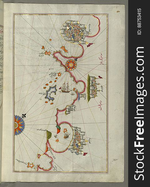 Illuminated Manuscript, Map Of The Coastline From Pula To Rovinj &x28;RÅ«vinye&x29; &x28;Croatia&x29; From Book On Navigation,