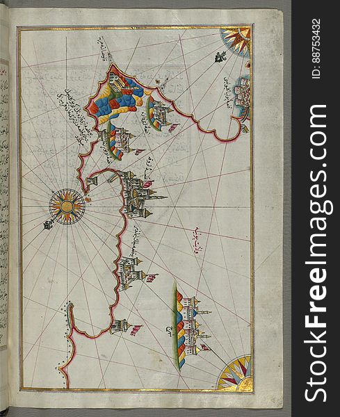 Illuminated Manuscript, Map Of The Italian Coast From Lecce &x28;Laj&x29; To Gallipoli &x28;KelibÅ«lÄ«&x29; &x28;towards The