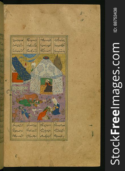 An elegantly illuminated and illustrated copy of the Khamsah &#x28;quintet&#x29; of Niáº“ÄmÄ« GanjavÄ« &#x28;d.605 AH / 1209 CE&#x29; executed by YÄr Muá¸¥ammad al-HaravÄ« in 922 AH / 1516 CE. Written in four columns in black nastaÊ¿lÄ«q script, this manuscripts opens with a double-page decorative composition signed by Ê¿Abd al-WahhÄb ibn Ê¿Abd al-FattÄá¸¥ ibn Ê¿AlÄ«, of which this is one side. It contains 35 miniatures. LaylÃ¡ and MajnÅ«n fainting at the sight of each other. See this manuscript page by page at the Walters Art Museum website: art.thewalters.org/viewwoa.aspx?id=21272. An elegantly illuminated and illustrated copy of the Khamsah &#x28;quintet&#x29; of Niáº“ÄmÄ« GanjavÄ« &#x28;d.605 AH / 1209 CE&#x29; executed by YÄr Muá¸¥ammad al-HaravÄ« in 922 AH / 1516 CE. Written in four columns in black nastaÊ¿lÄ«q script, this manuscripts opens with a double-page decorative composition signed by Ê¿Abd al-WahhÄb ibn Ê¿Abd al-FattÄá¸¥ ibn Ê¿AlÄ«, of which this is one side. It contains 35 miniatures. LaylÃ¡ and MajnÅ«n fainting at the sight of each other. See this manuscript page by page at the Walters Art Museum website: art.thewalters.org/viewwoa.aspx?id=21272