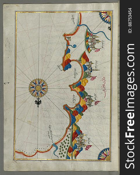 Illuminated Manuscript, Map of eastern coast of Calabria around Rossano from Book on Navigation, Walters Art Museum Ms. W.658, fol