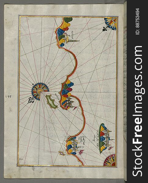 Illuminated Manuscript, Map Of The Italian Coast Around Around Peschici North Of Mafredonia From Book On Navigation, Walters Art M