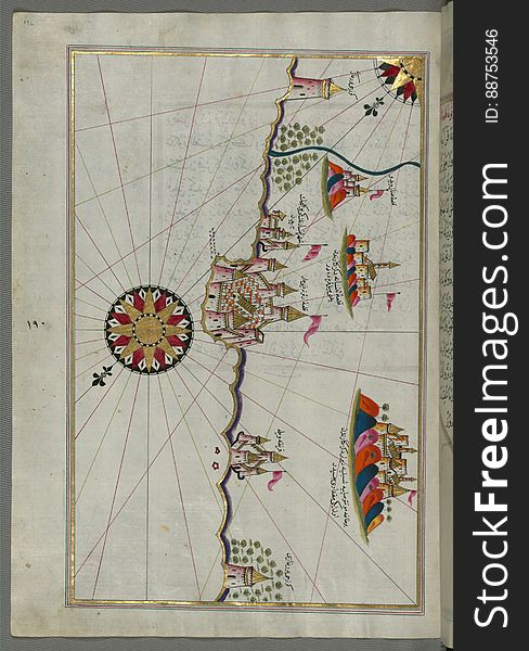 Illuminated Manuscript, Map Of The Town Of Lanciano &x28;LansÄne&x29; And The Surrounding Fortresses From Book On Navigation, W
