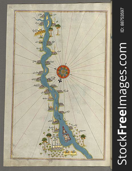 Illuminated Manuscript, Map Of Oases And Villages Along The River Nile As Far As SÄ«dÄ« MÅ«sÃ¡ From Book On Navigation, Walters Ar