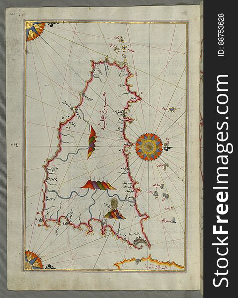 Illuminated Manuscript, Map Of The Island Of Sicily &x28;Ã‡iÃ§ilye&x29; From Book On Navigation, Walters Art Museum Ms. W.658, F