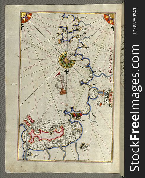 Illuminated Manuscript, Map Of The Coast Around Narbonne &x28;NÄrbÅ«nah&x29; From Book On Navigation, Walters Art Museum Ms. W.