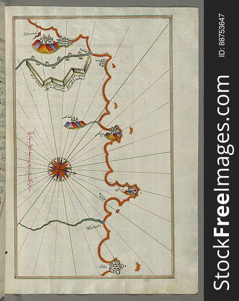 Illuminated Manuscript, Map Of The Algerian Coast Around Mostaganem &x28;MustaghÄnÄ«m&x29; From Book On Navigation, Walters Art
