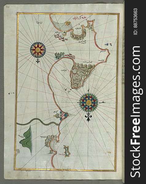 Illuminated Manuscript, Map of the eastern Mediterranean coast with the city of Tyre &#x28;Ṣūr&#x29; &#x28;Lebanon&#x29; from B