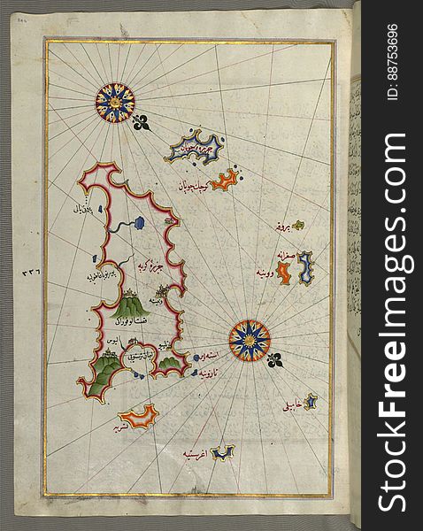 Illuminated Manuscript, Map Of The Islands Of Karpathos &x28;Kerpe&x29; And Kasos &x28;CÅ«bÄn&x29; From Book On Navigation, W
