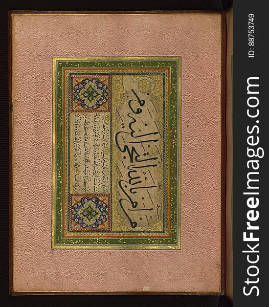 An album &#x28;muraqqaʿ&#x29; of calligraphy in the form of an accordion book put together by an anonymous collector, probably in the 12th century AH/ 18th CE. It consists of leaves bearing fragmentary passages from the Qur’an &#x28;Sūrat al-baqarah, 2:65-68 and Sūrat al-nisāʾ, 4:103-106&#x29;, some sayings of the Prophet Muhammad, and two sheets of pen exercises &#x28;ḳaralama&#x29;. Folio 5a bears the name of the celebrated Ottoman calligrapher Şeyh Hamdullah &#x28;Ḥamd Allāh al-Amāsī, d. 926 AH /1520 CE&#x29;. An album &#x28;muraqqaʿ&#x29; of calligraphy in the form of an accordion book put together by an anonymous collector, probably in the 12th century AH/ 18th CE. It consists of leaves bearing fragmentary passages from the Qur’an &#x28;Sūrat al-baqarah, 2:65-68 and Sūrat al-nisāʾ, 4:103-106&#x29;, some sayings of the Prophet Muhammad, and two sheets of pen exercises &#x28;ḳaralama&#x29;. Folio 5a bears the name of the celebrated Ottoman calligrapher Şeyh Hamdullah &#x28;Ḥamd Allāh al-Amāsī, d. 926 AH /1520 CE&#x29;.