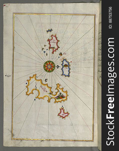 Illuminated Manuscript, Map Of The Islands FoleÄ¡andros And Ios &x28;Ä°nyos, Ä°nye&x29; From Book On Navigation, Walters Art Mus
