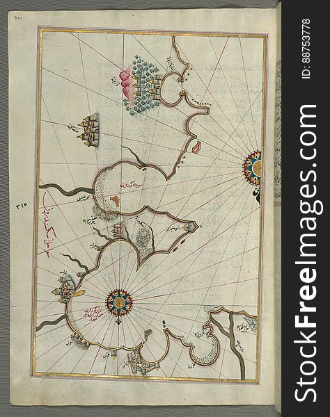 Illuminated Manuscript, Map Of The Eastern Mediterranean Coast &x28;here The Coast Of Ä°skenderun&x29; And The Cities Of Latakia