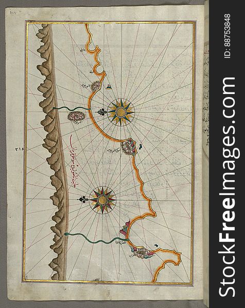 Illuminated Manuscript, Map of the Anatolian coast around Anamur &#x28;Turkey&#x29; from Book on Navigation, Walters Art Museum Ms