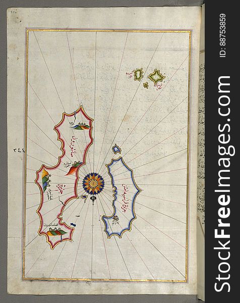 Illuminated Manuscript, Map Of Two Islands: Santorini &x28;á¹¢ÄntÅ«rÅ«n&x29; And Thera &x28;Thira&x29; In The Aegean Sea, Nor