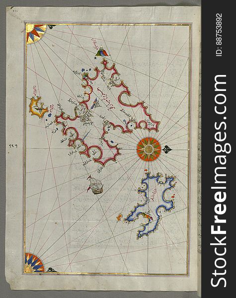 Illuminated Manuscript, Map Of The Islands Of Mojorca &x28;MiyÄrqÅ«&x29;and Minorca &x28;MinÄrqÅ«&x29; From Book On Navigati