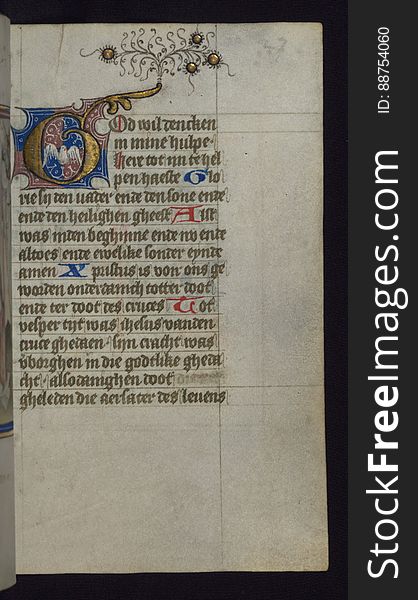 This mid-fifteenth century illuminated Book of Hours is written entirely in Dutch on fine vellum, and is remarkable for its eighteen grisaille miniatures. The technique, wherein the figures are modeled primarily in a gray wash, became a favorite in the Netherlands, and the hand behind the paintings in this manuscript has been identified with a group of artists known as the &#x22;Masters of the Delft Grisailles.&#x22; This manuscript has been grouped with more than a dozen related works, including New York PML M. 349, London, Victoria and Albert Geo. Reid Ms. 32, Leiden B.P.L. 224, Brussels, BR 21696, Antwerp, Plantein Moretus Ms. 49, and the Hague K.B. Ms. 74 G 35. The manuscript is comprised of 152 folios and is almost completely intact, lacking only two miniatures, and retains its original brown leather binding decorated with mythological beasts and a now illegible inscription. The calendar is for the use of Utrecht, which helps localize its original ownership, as might a mostly erased ownership inscription that has been partially recovered by Marrow. Short hours of the cross: Vespers. This mid-fifteenth century illuminated Book of Hours is written entirely in Dutch on fine vellum, and is remarkable for its eighteen grisaille miniatures. The technique, wherein the figures are modeled primarily in a gray wash, became a favorite in the Netherlands, and the hand behind the paintings in this manuscript has been identified with a group of artists known as the &#x22;Masters of the Delft Grisailles.&#x22; This manuscript has been grouped with more than a dozen related works, including New York PML M. 349, London, Victoria and Albert Geo. Reid Ms. 32, Leiden B.P.L. 224, Brussels, BR 21696, Antwerp, Plantein Moretus Ms. 49, and the Hague K.B. Ms. 74 G 35. The manuscript is comprised of 152 folios and is almost completely intact, lacking only two miniatures, and retains its original brown leather binding decorated with mythological beasts and a now illegible inscription. The calendar is for the use of Utrecht, which helps localize its original ownership, as might a mostly erased ownership inscription that has been partially recovered by Marrow. Short hours of the cross: Vespers.