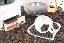 Cup Of Coffee Over Coffee Grain With Coffee Pot Stock Image Cup Of Coffee Over Coffee Grain With Coffee Pot Stock Image