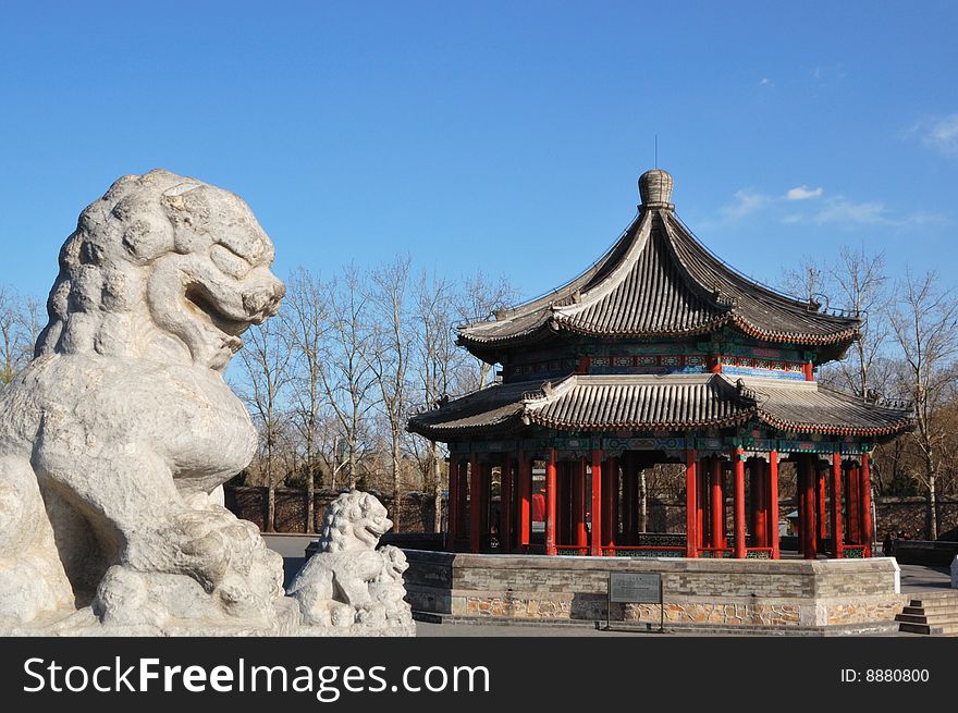 Stone lions and chinese pavilion. summer palace. beijing. Stone lions and chinese pavilion. summer palace. beijing.