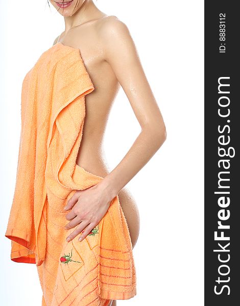 Slim young woman after bath with towel. Slim young woman after bath with towel