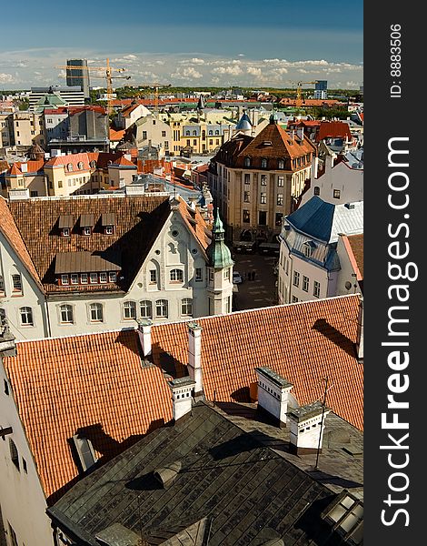 Great view from the city hall tower of Tallinn, old town.