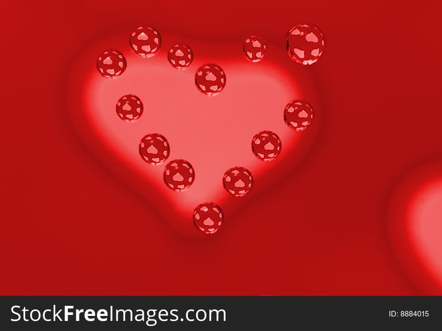 Water drops in the form of heart on a multi-coloured celebratory background