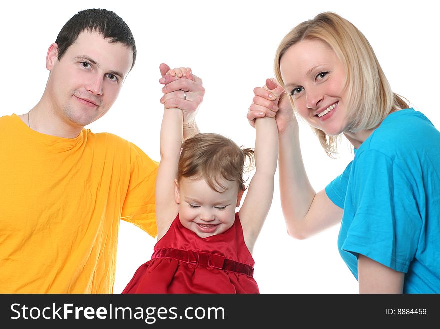 Happy young family isolated on white