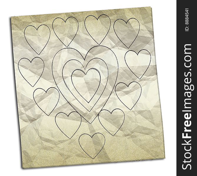 Note of crumpled paper with drawings of hearts