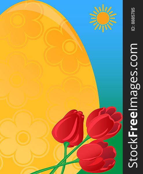 Easter tag frame. The big gold egg with a place for your text, the blue sky, the sun, red tulips. Easter tag frame. The big gold egg with a place for your text, the blue sky, the sun, red tulips.