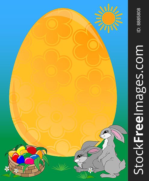 Easter tag frame. The big gold egg with a place for your text, the blue sky, the sun, rabbits and basket with color eggs.