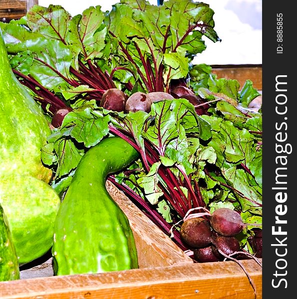 Bunches of beets and squash at a Farmer's Market. Bunches of beets and squash at a Farmer's Market.