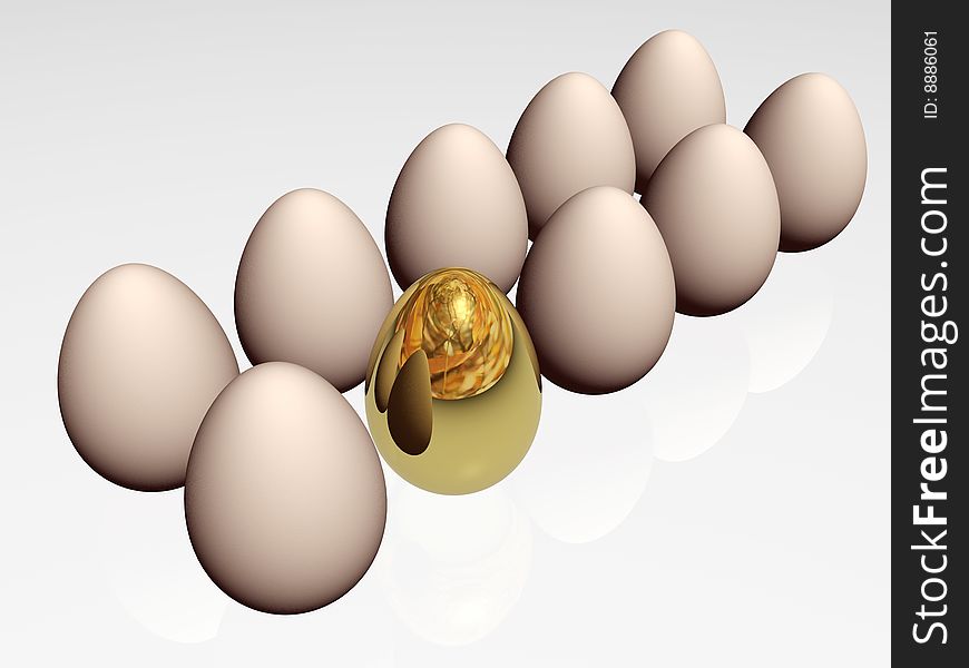 Usual and gold eggs on rerflective background. Usual and gold eggs on rerflective background.