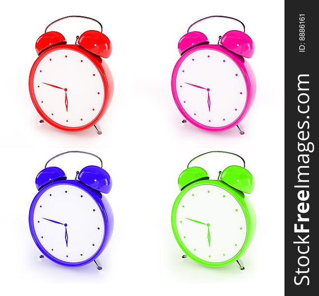Four colorful red, magenta, blue and green plastic isolated alarm clocks. Four colorful red, magenta, blue and green plastic isolated alarm clocks