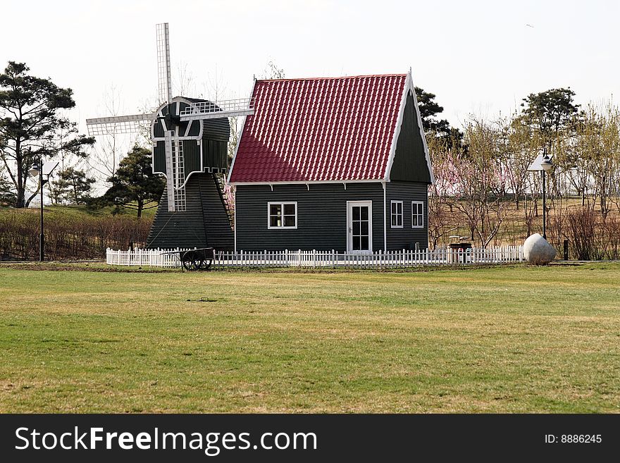 Building and windmill of the Dutch style on the meadow.