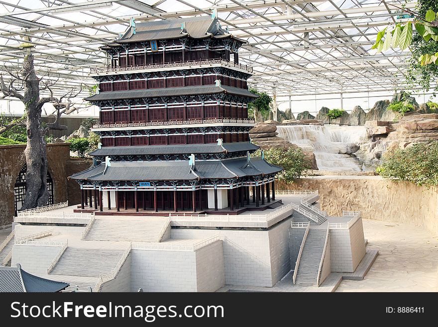 Here is Chinese ancient building model.
This is a building in the Tang Dynasty of China,it lies in Shanxi of China.

Chinese on the board is in stork's magpie's floor