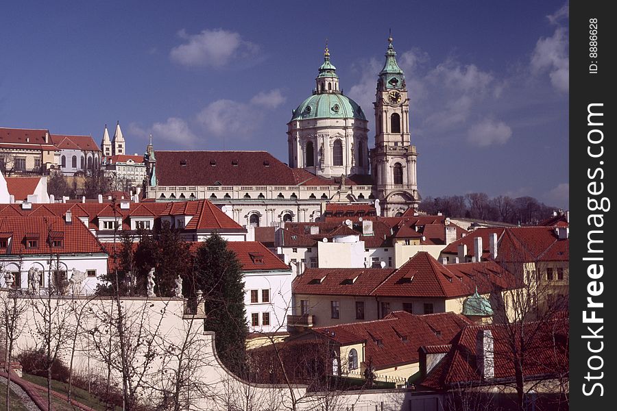 Prague part Dinky Side with baroque church Holy Mikulas.