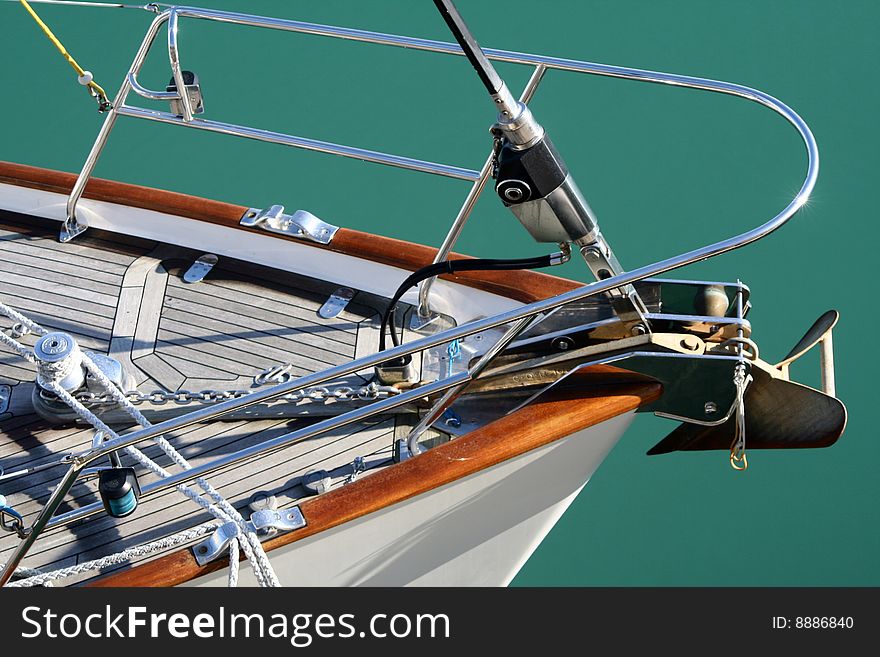 The bow of a yachts in St Peter port in Guernsey in the Channels Islands