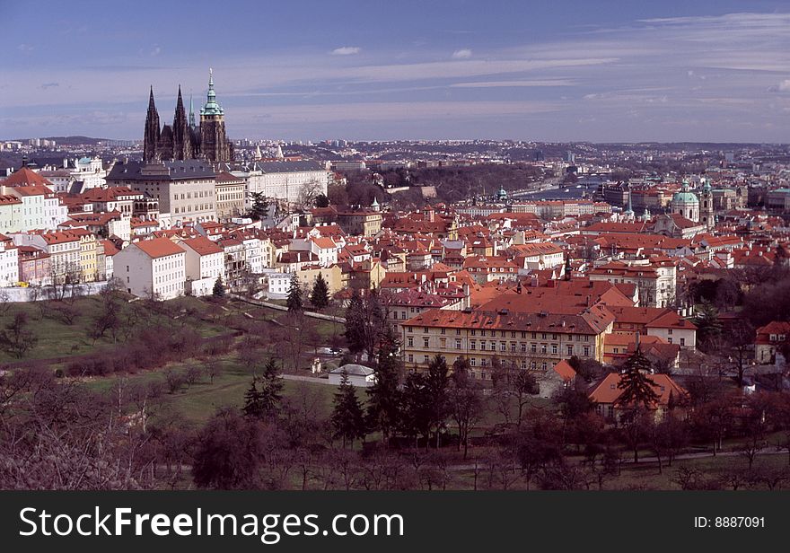 Panorama areal Prague castle with cathedral Holy Vit and historical building part Dinky Side.