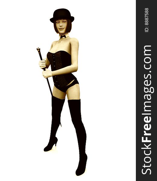 A cabaret girl holding a cane on white background. (The woman is a computer generated 3d model so no model release is needed.)