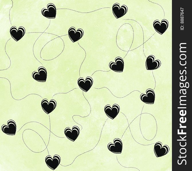 Black hearts on green background. Black hearts on green background