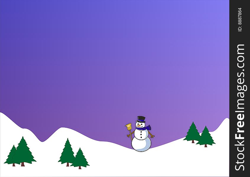 Snowlandscape with snowman en trees
