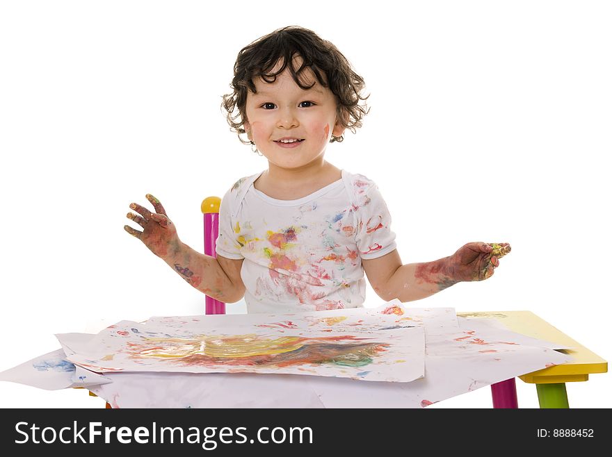 Little boy painting with paints for hands. Little boy painting with paints for hands