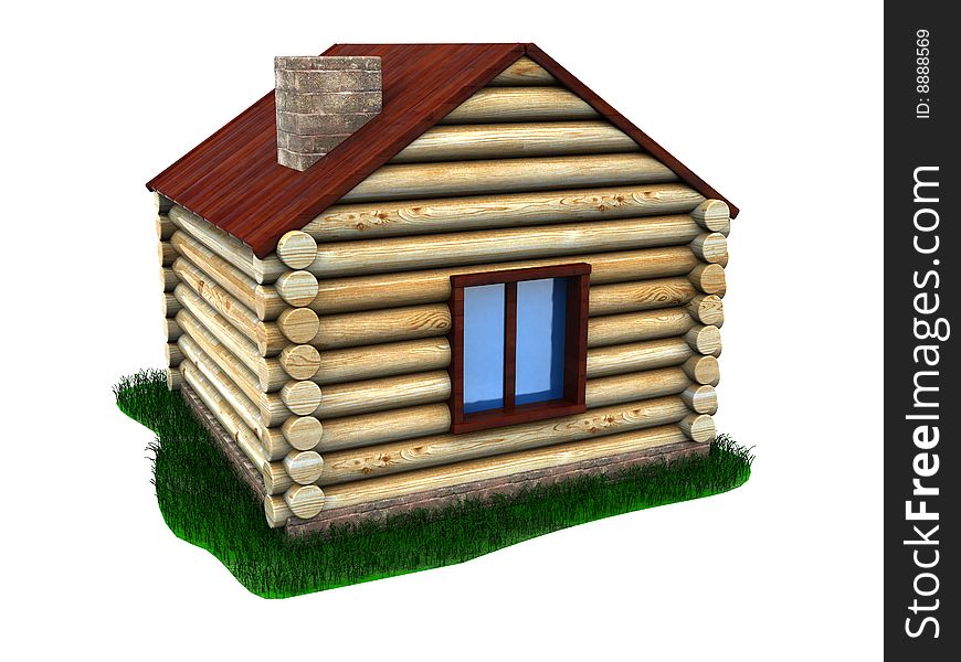3d illustration of small wooden house with grass, over white background