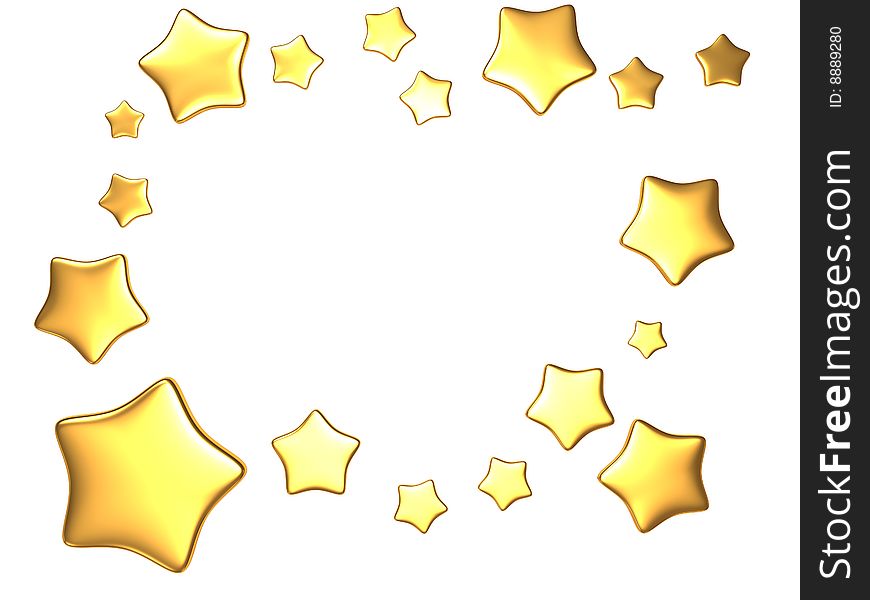 Abstract 3d illustration of golden stars background or frame. Abstract 3d illustration of golden stars background or frame