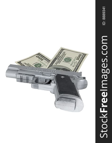 Toy gun with US dollars isolated. Toy gun with US dollars isolated
