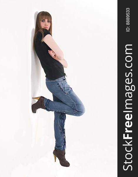 Young girl with blue eyes in black t-shirt.