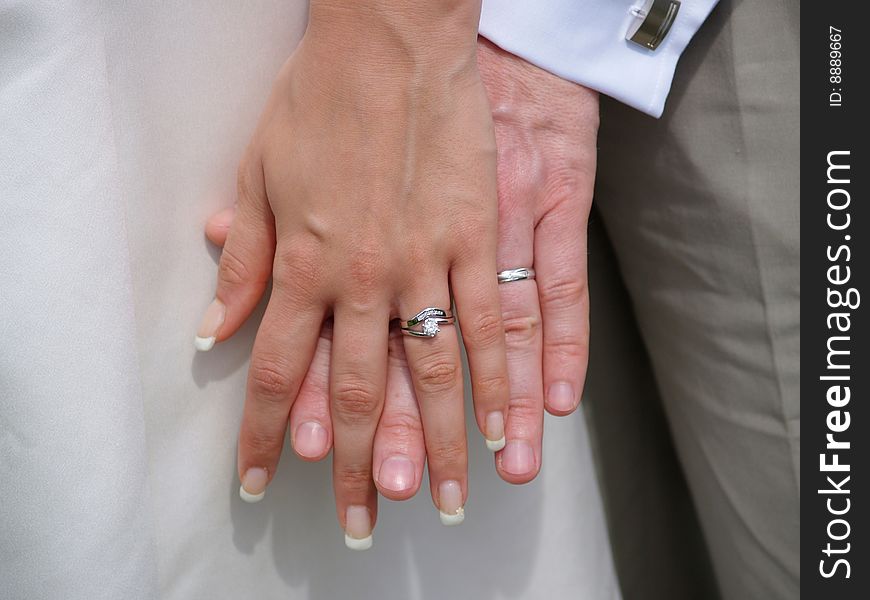 Photo of two interlocked hands from a wedding.  Rings in view, very romantic. Photo of two interlocked hands from a wedding.  Rings in view, very romantic