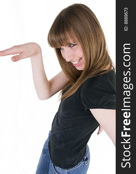 Young girl with blue eyes in black t-shirt.